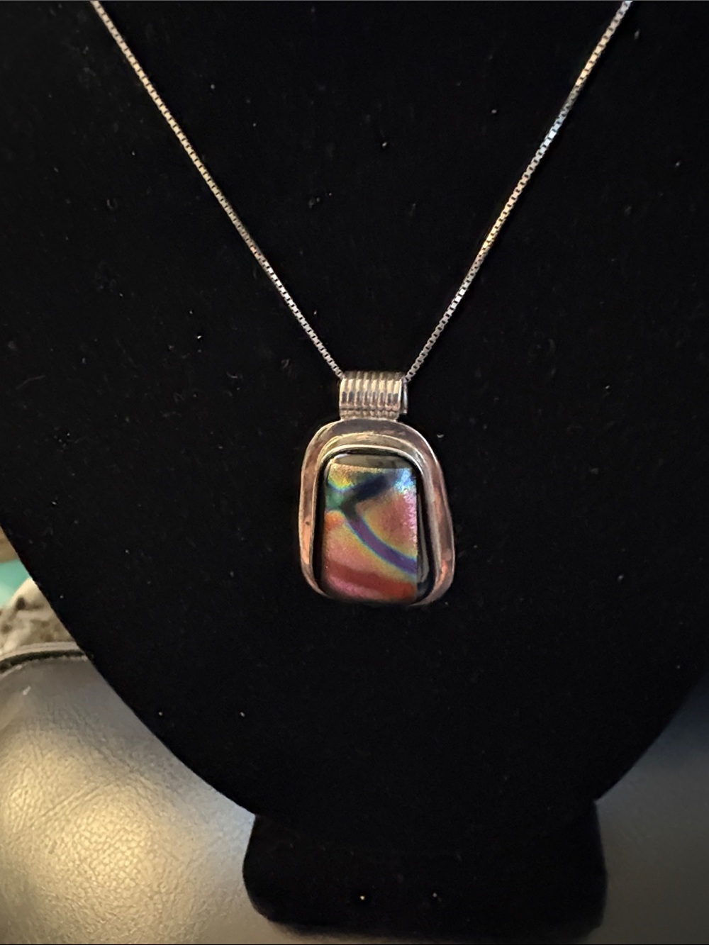 925 Silver Dichroic Glass Pendant Necklace in Iridescent Pink and Green